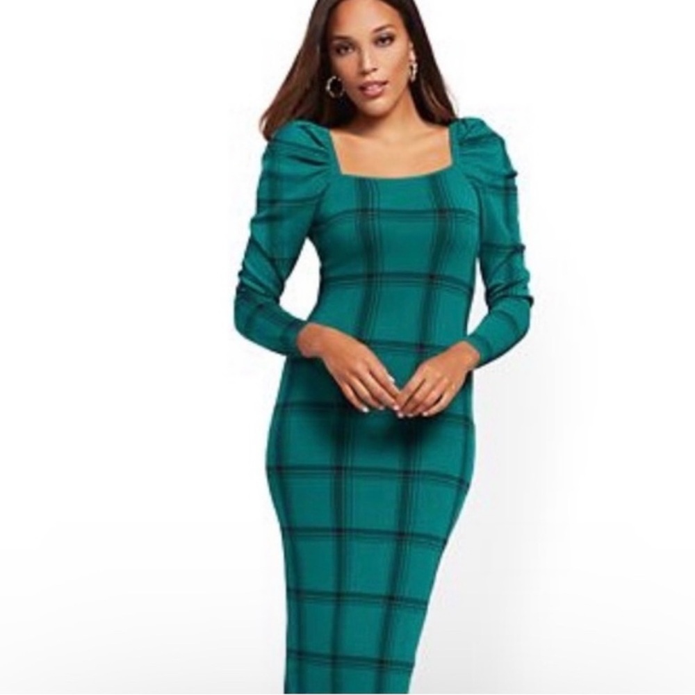 New York & Company Green Checkered Long Sleeve Dress size Large New